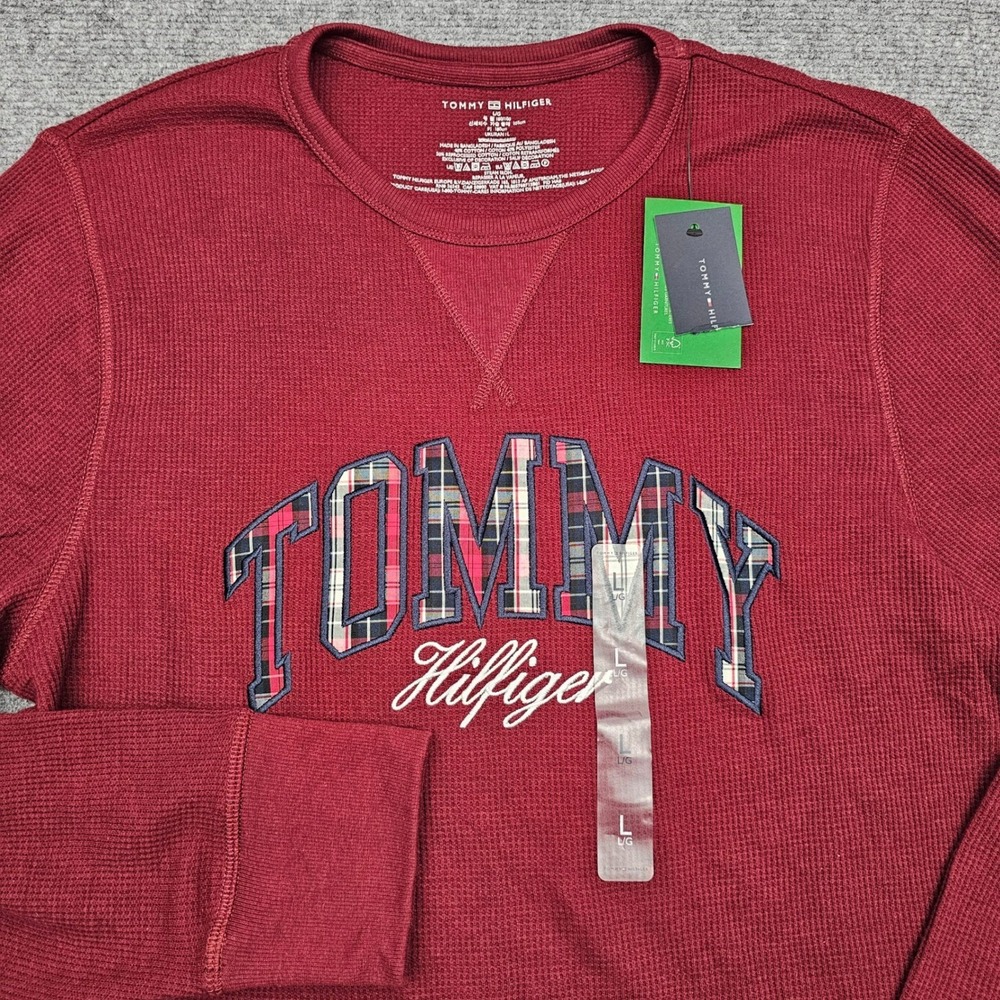 Tommy Hilfiger Thermal Shirt Mens‎ Plaid Logo Waffle Knit Long Sleeve Port Red L